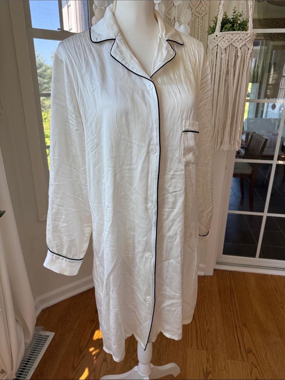 Women's Silk White Button-Front Sleep Shirt with Black Piping